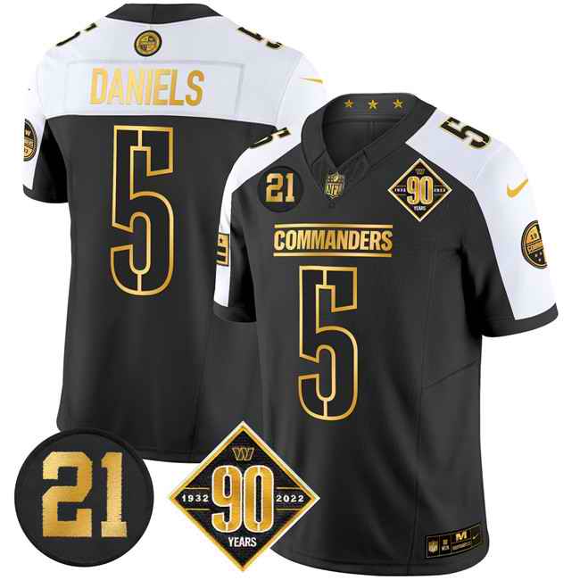 Men's Washington Commanders #5 Jayden Daniels Black Gold F.U.S.E. 90th & Sean Taylor Patch Vapor Limited Stitched Football Jersey